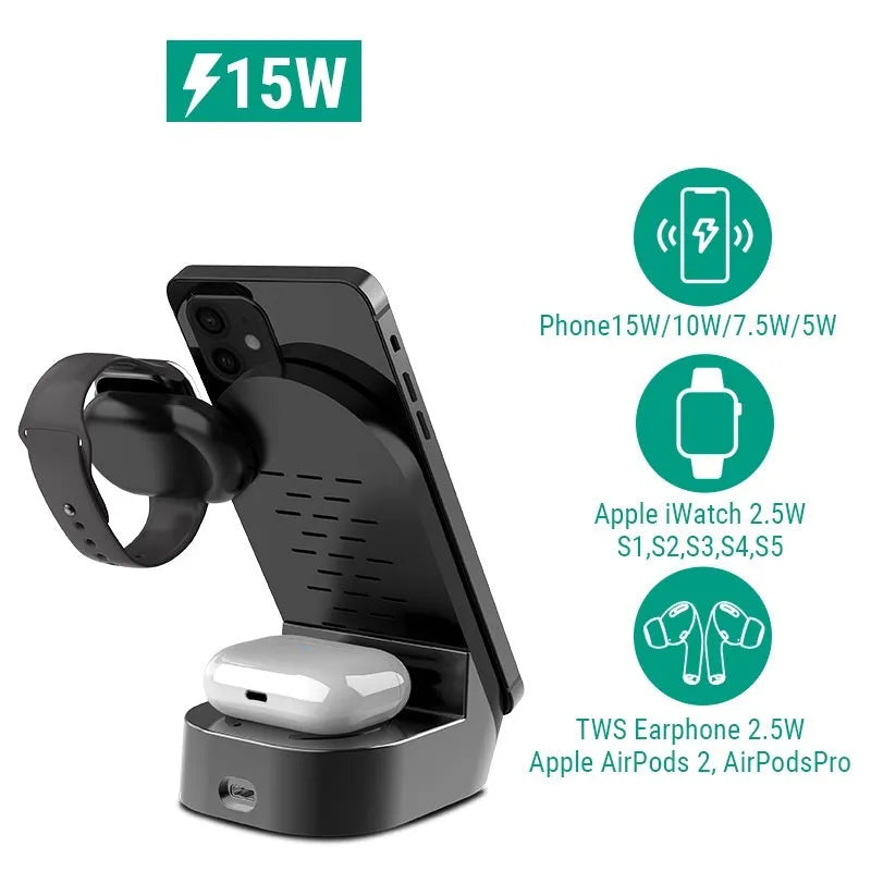 Black grey foldable 3-in-1 wireless charger vertical stand for phones, watches, and earbuds