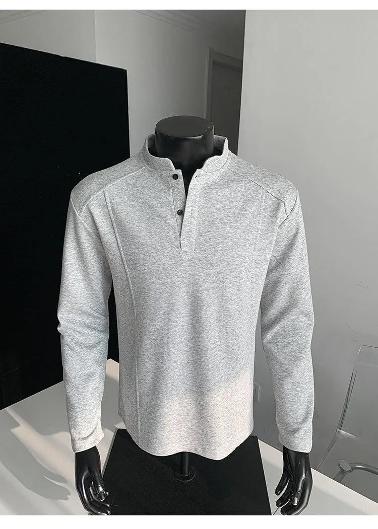 Men's patchwork polo shirt with stand-up collar and asymmetric design in heather gray