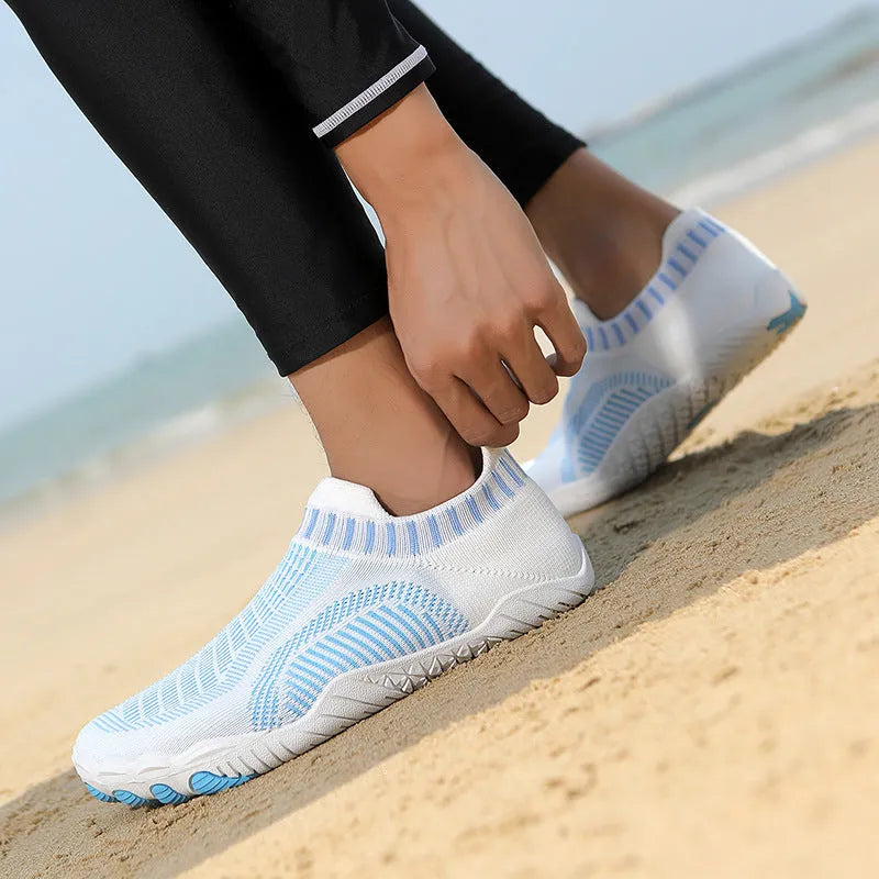 Non-slip quick-drying wading shoes with lycra upper and rubber sole in black, side view