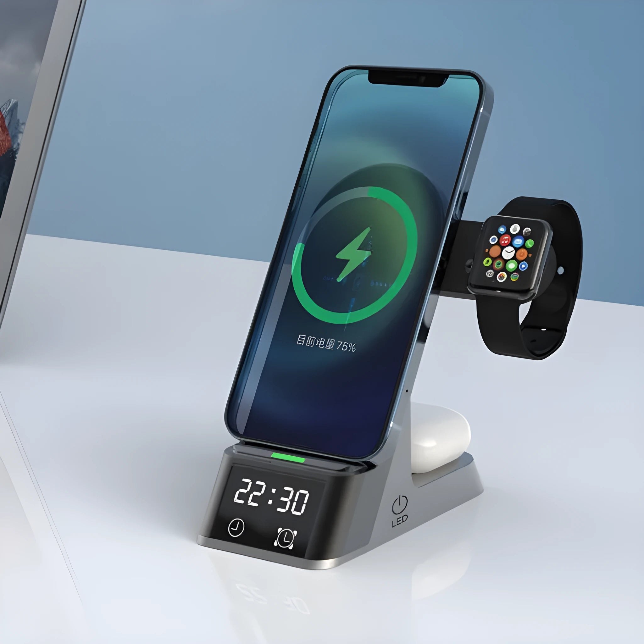 Black multifunctional wireless charging alarm clock with spots for phone, Apple Watch, and earphones.