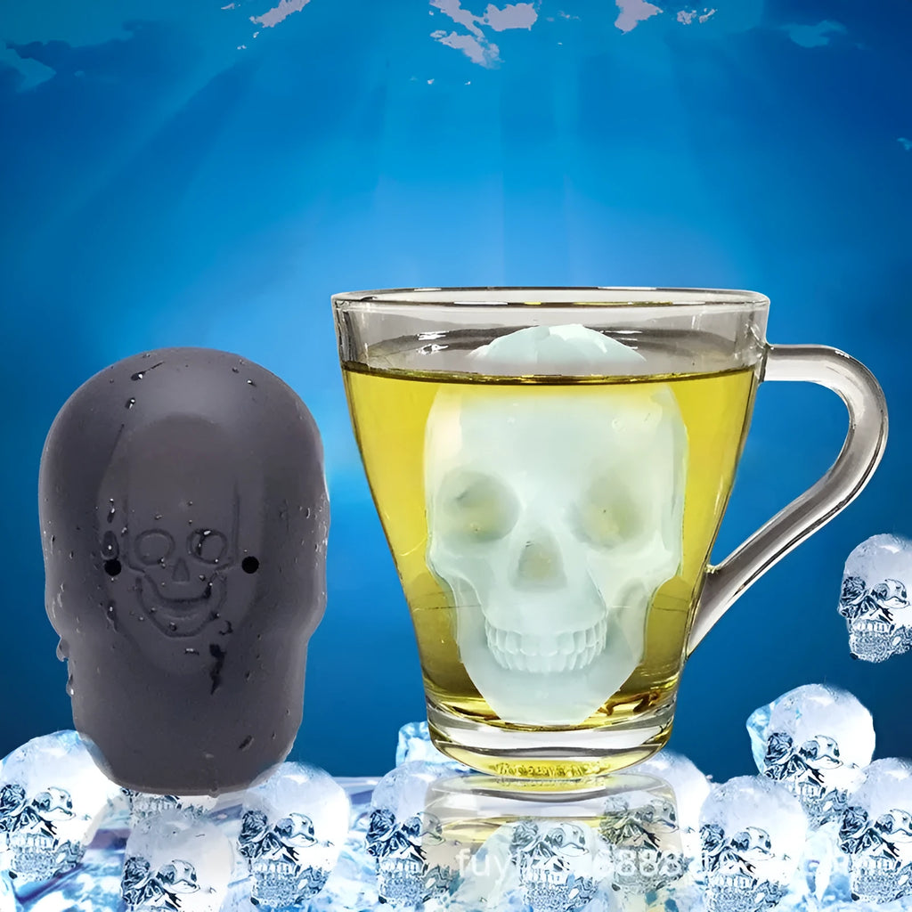 3D skull ice cube tray made from food grade silicone creating detailed Halloween ice cubes