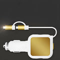 2 in 1 dual USB retractable car charger in black and silver with a retractable cable and two USB ports for mobile device charging