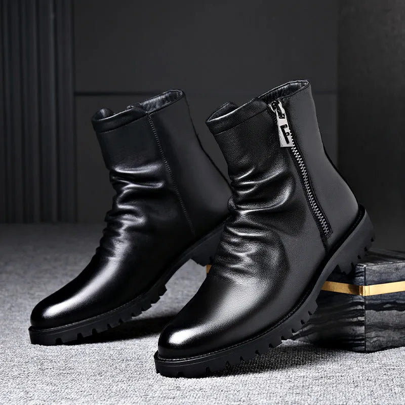 Men's high-top zipper Martin leather boots in black patent leather, side view showing side zipper and low wedge heel