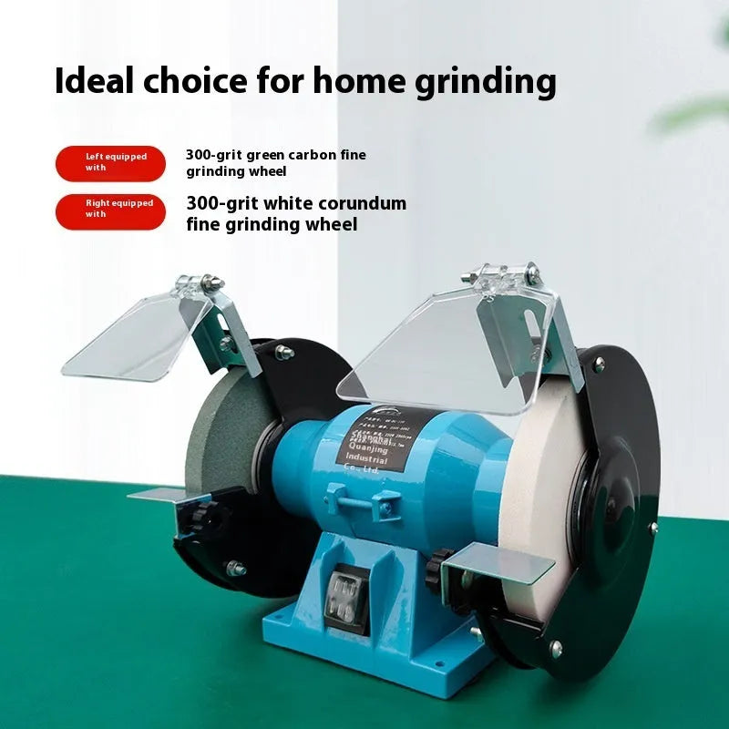 Compact 5-inch metal desktop polishing and sharpening machine on a workbench.