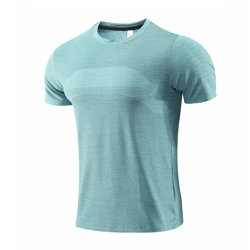 Men's short sleeve polyester spandex running t-shirt in red, shown with size label.