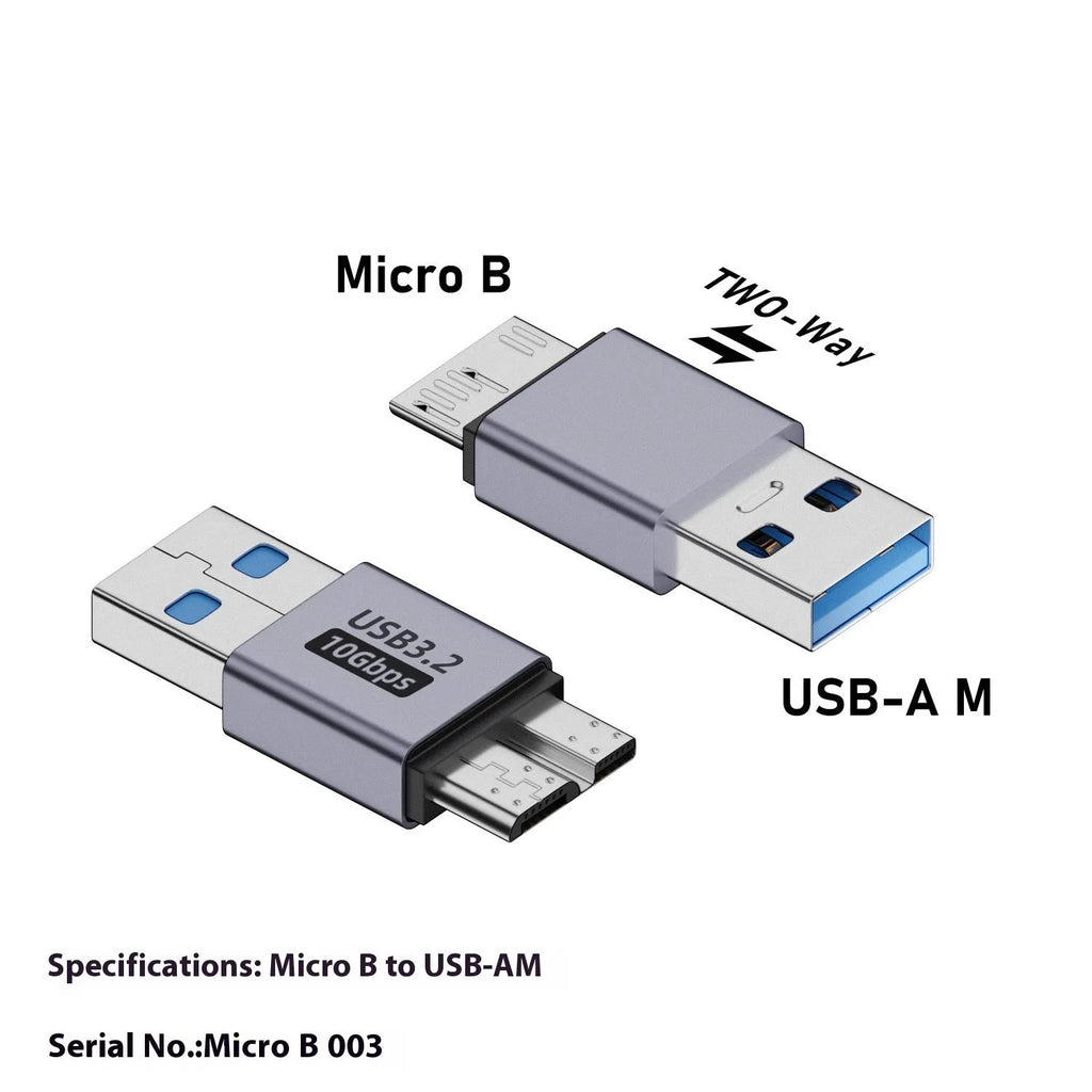 USB AM to Micro-B adapter showing USB-A Male connector and Micro-B female port