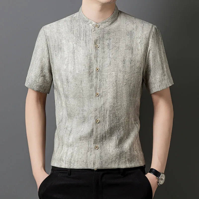 Men's grey linen blend short sleeve cardigan shirt with stand collar on a hanger