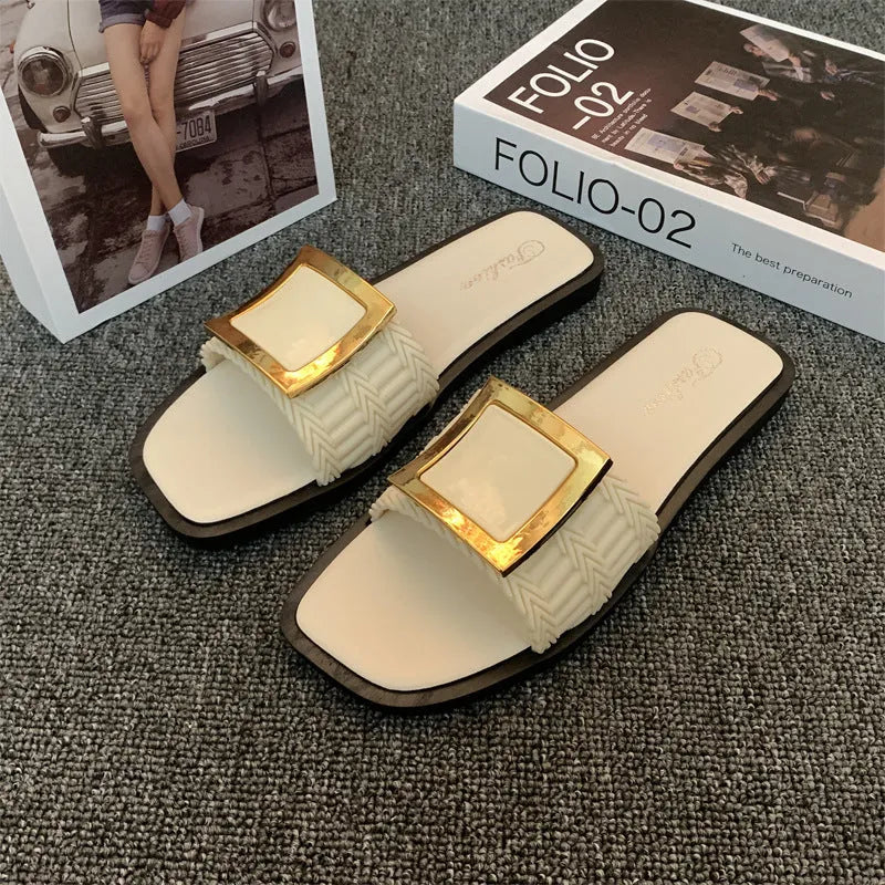 Women's summer flat slippers in apricot, black and khaki colours with waterproof PVC non-slip soles