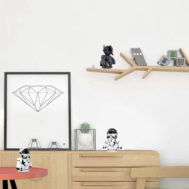White wireless Space Robot indoor security camera with detachable base on a wooden surface