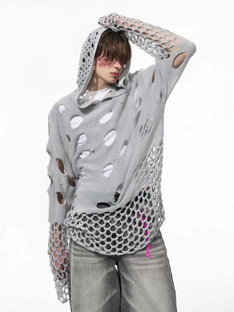 Black men's hooded pullover sweater with pearl decorative accents and loose fit design