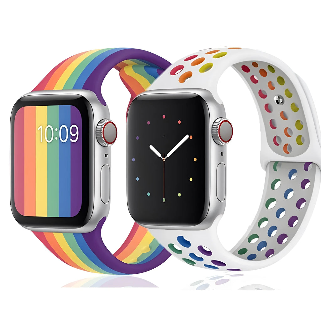 Silicone sports wristband with single buckle strap in black, rainbow, or white colour options
