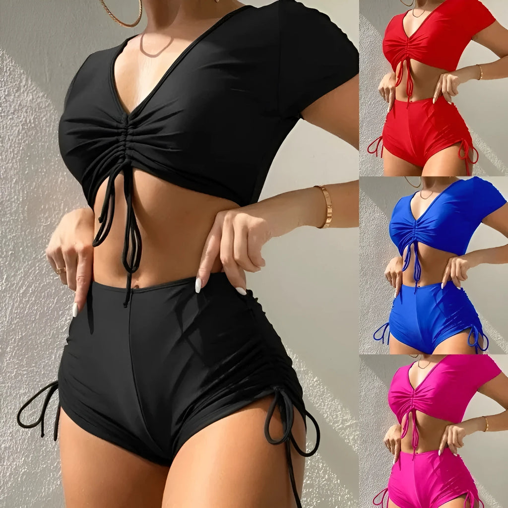 Ladies lace-up bow swimsuit set with matching shorts in polyester for swimming