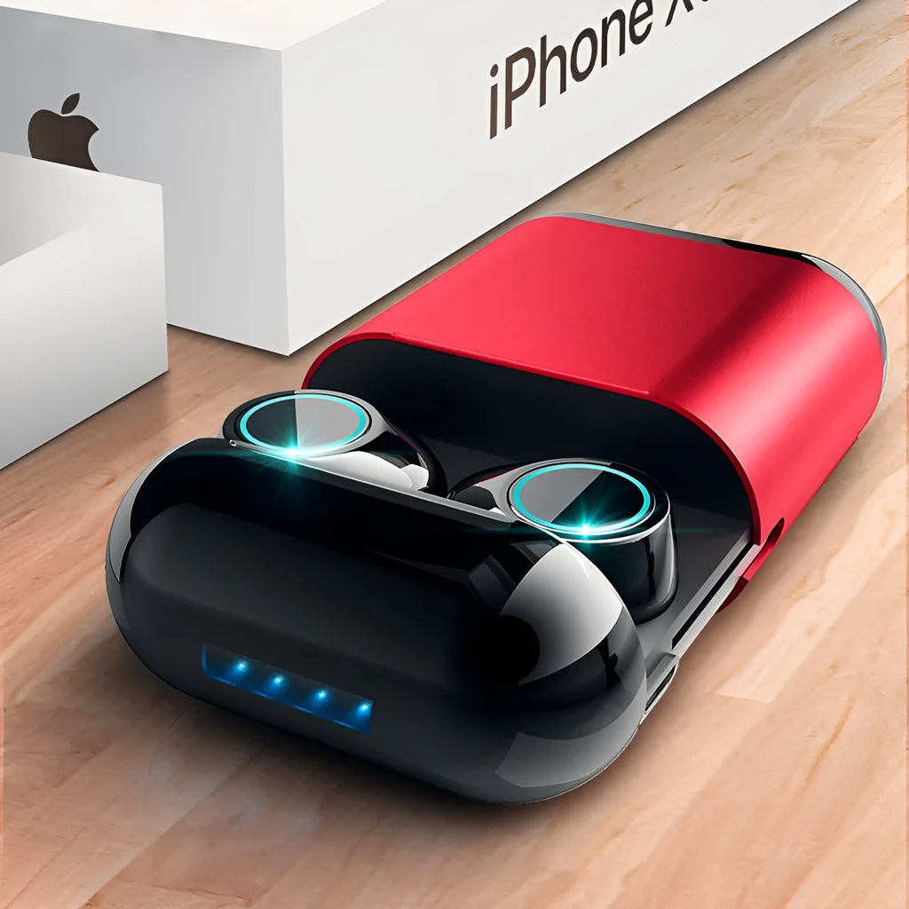 Black TWS wireless Bluetooth earbuds with charging case.
