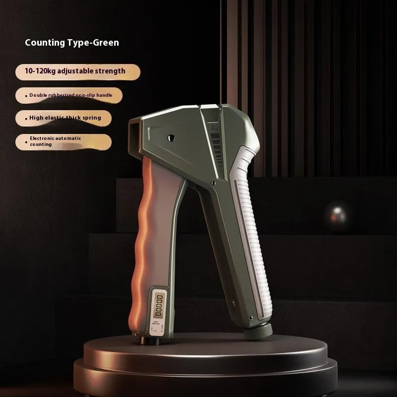 Adjustable hand gripper fitness equipment in various colours showing spring mechanism and mechanical counter.