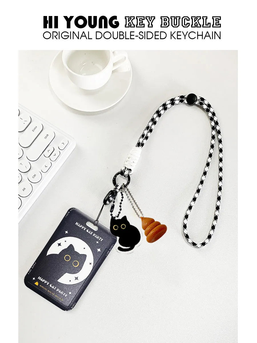 Cute little black cat cartoon design plastic card sleeve holder with a ferrule pendant clip