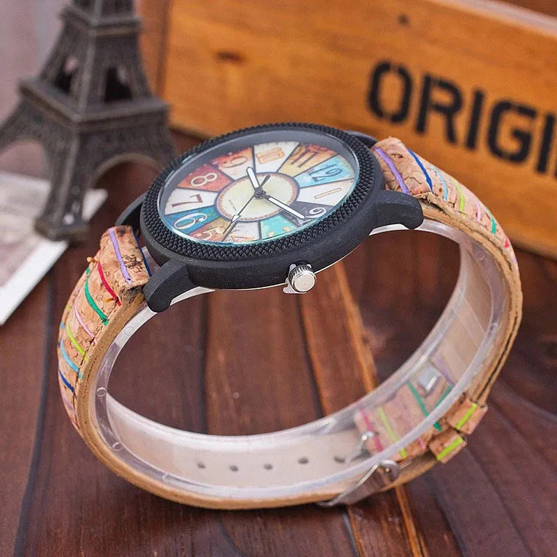 Casual vintage leather women's quartz wrist watch with 37mm round dial and stainless steel buckle