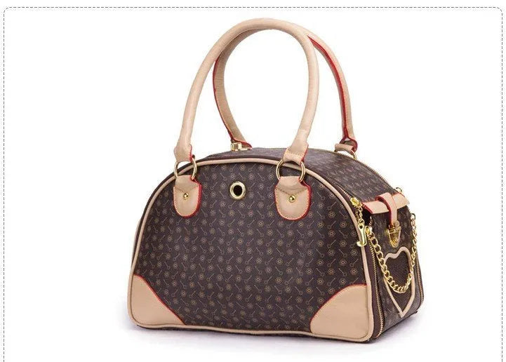Anti-squeeze pet bag for small dogs and cats in PU embossing material brown white square size large 42x29x18cm