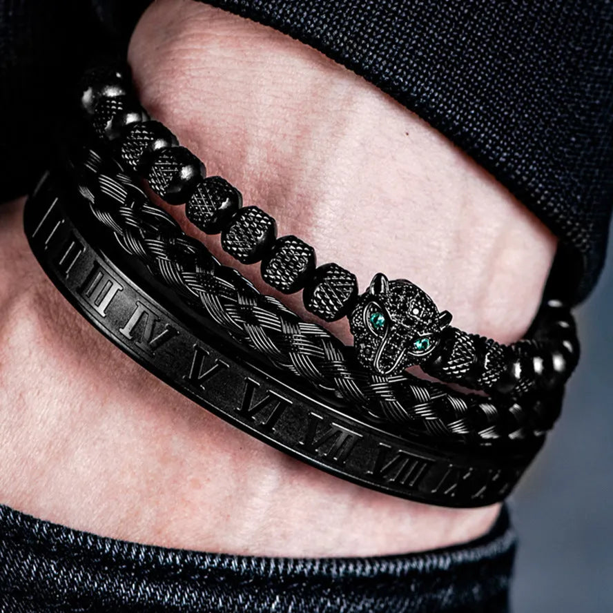 Titanium steel leopard head mesh bracelet with pineapple pearl Roman detailing, unisex simple style, black diamond colour