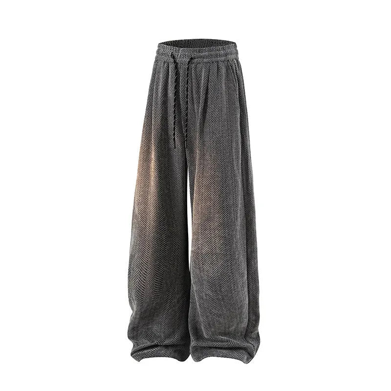 Straight-leg hollow-out casual trousers with fleece lining and elastic waistband