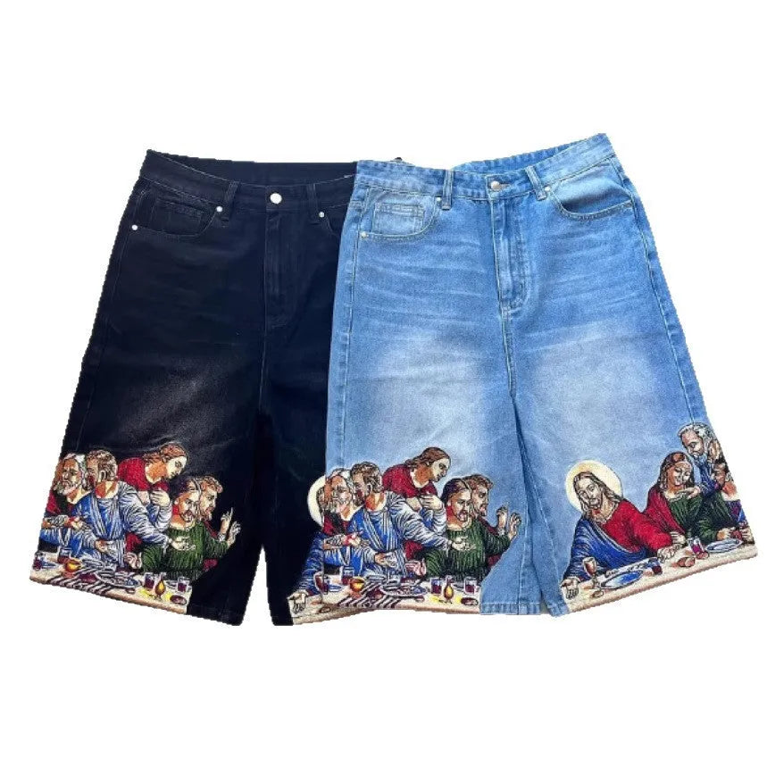 Men's blue cotton shorts with Jesus print on back pocket and tapered design