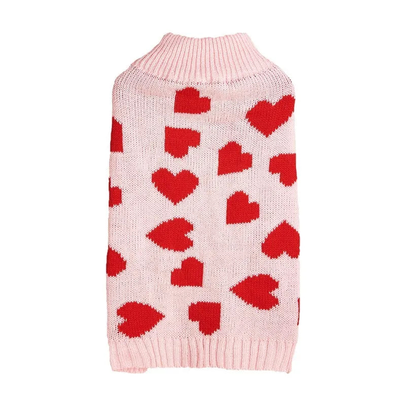 Small dog wearing a red knitted jumper with a white love heart motif on the chest.