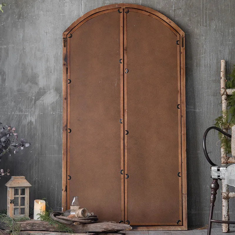 Terrace distressed fake window wall mirror with wooden glass and log-coloured finish
