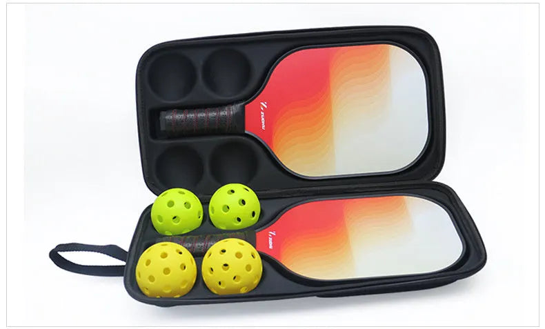 Black pickleball shoulder storage bag with double straps showing one paddle and four balls inside.