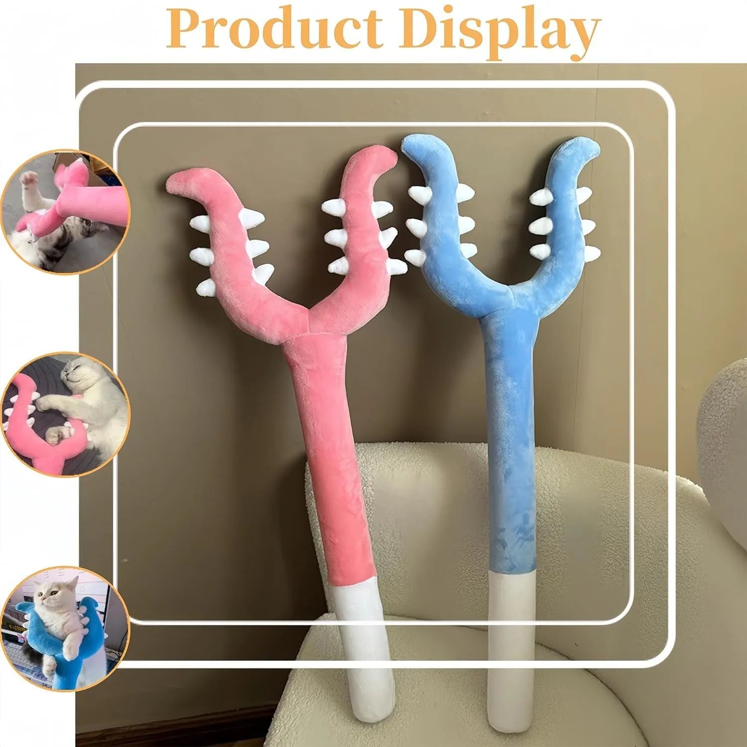 Blue and pink plush cat wand toy with foam-filled head measuring 70cm long