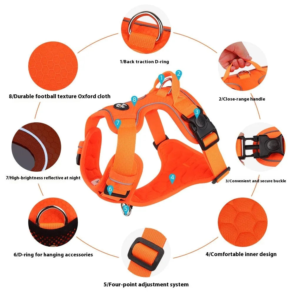 Dog hand holding rope vest harness in orange with reflective round rope and Oxford cloth construction