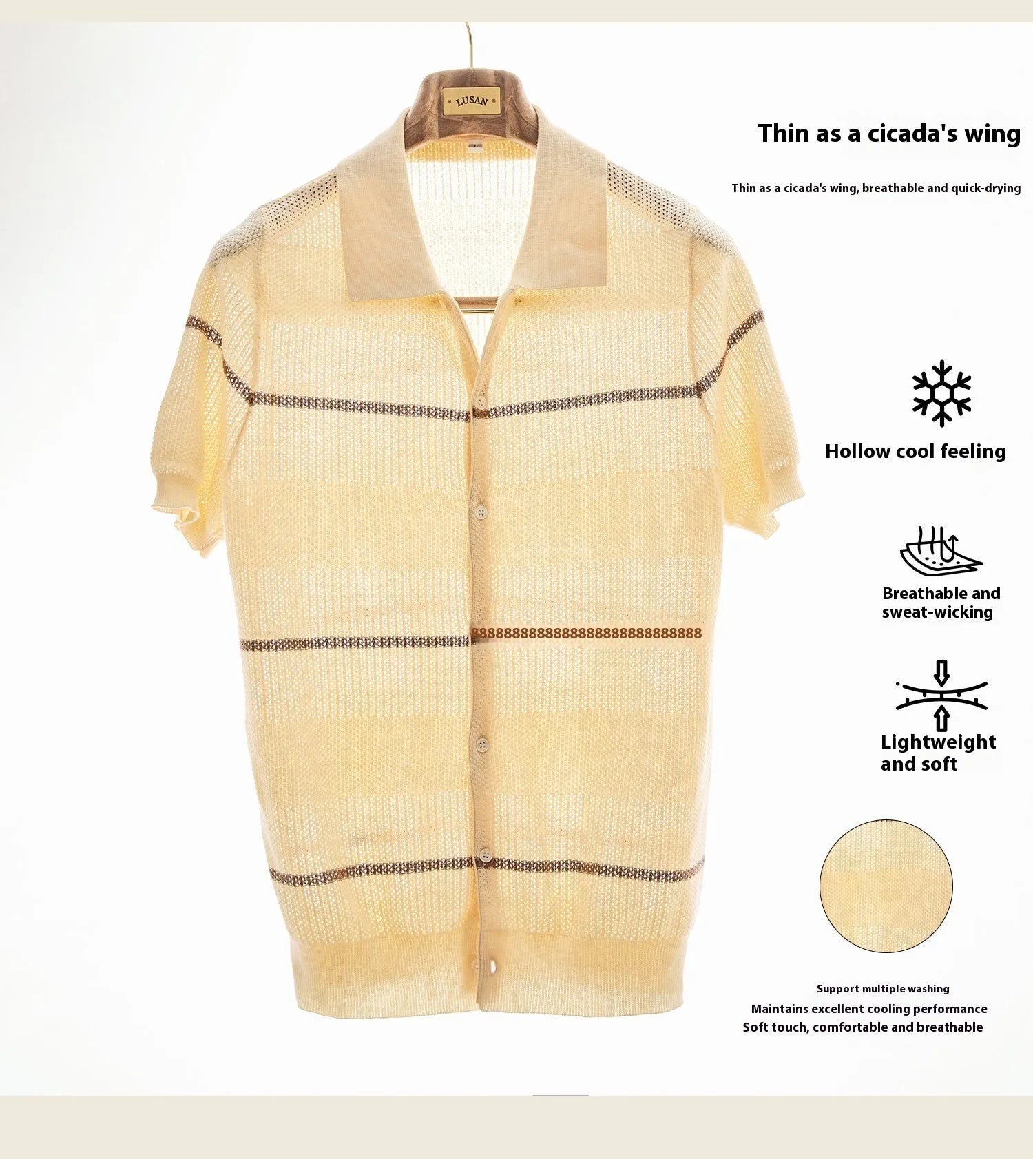 Cotton linen short sleeve knitted cardigan in camel with open front and lapel collar on a male model