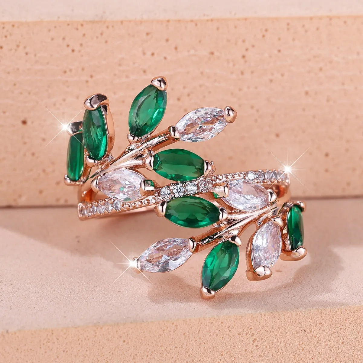 Adjustable horse eye zircon leaf fashion ring in copper with cubic zirconia stones
