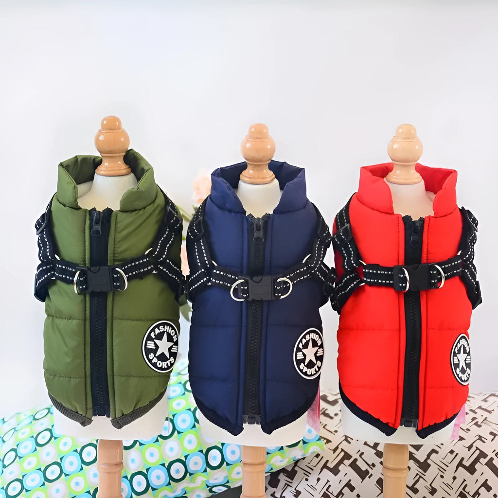 Red waterproof dog coat with harness access opening for winter weather protection