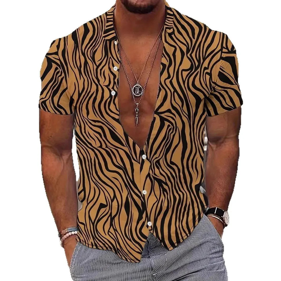 Men's slim fit geometric line print lapel short sleeve shirt in polyester fabric.