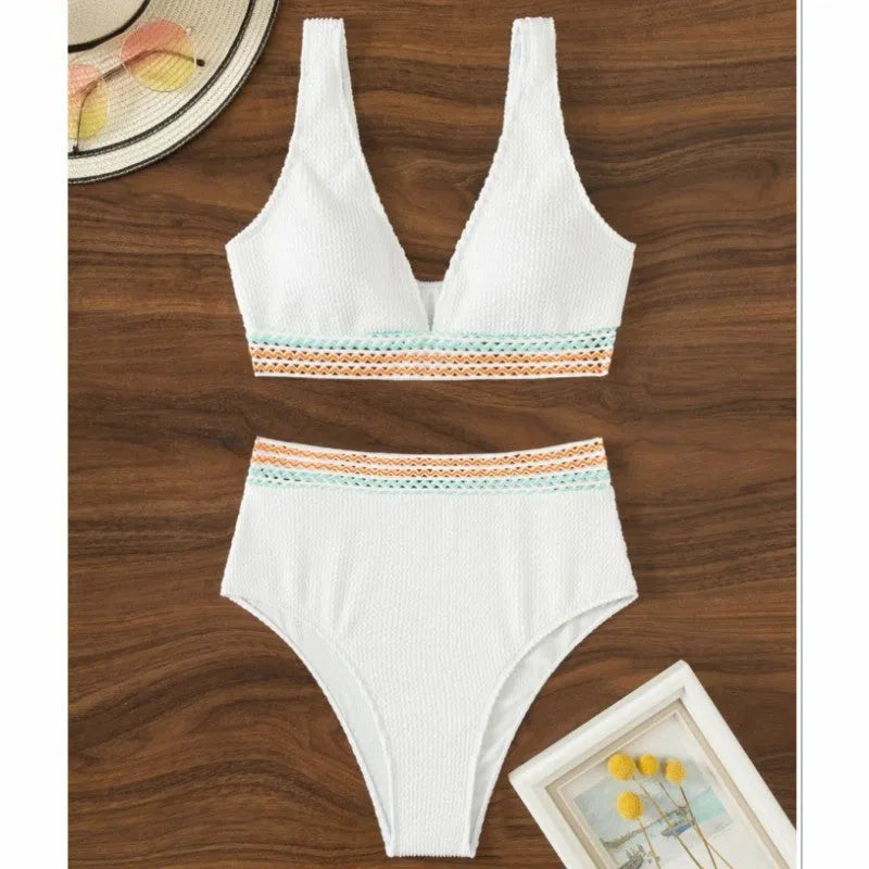 High waist split bikini solid colour nylon brief for women in white, sizes S to XL