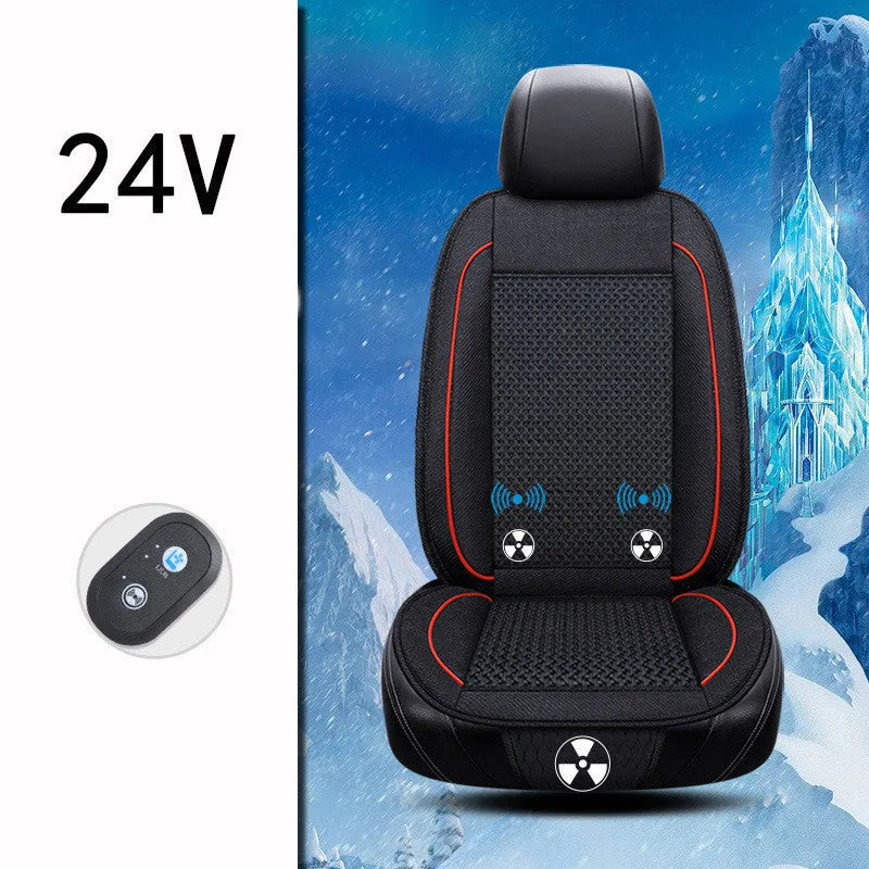 Square black car ventilation seat cushion with power cord on a car seat