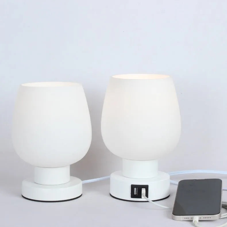 Nordic glass touch dimming bedside night light with three colour settings and USB port, white glass on dark surface