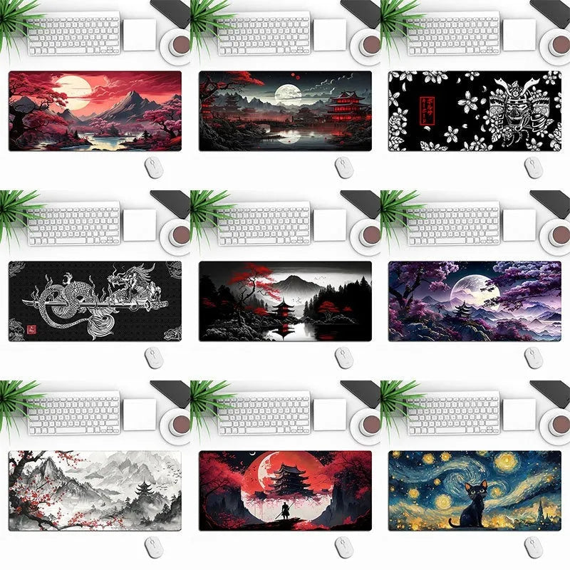 Large custom anime print gaming mouse pad on a desk with keyboard and mouse