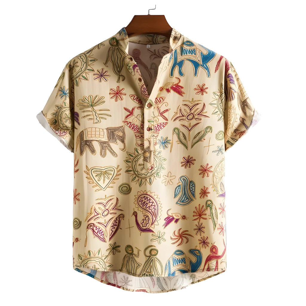 Man wearing a plus size loose fit cardigan shirt with a colourful 3D digital print pattern.