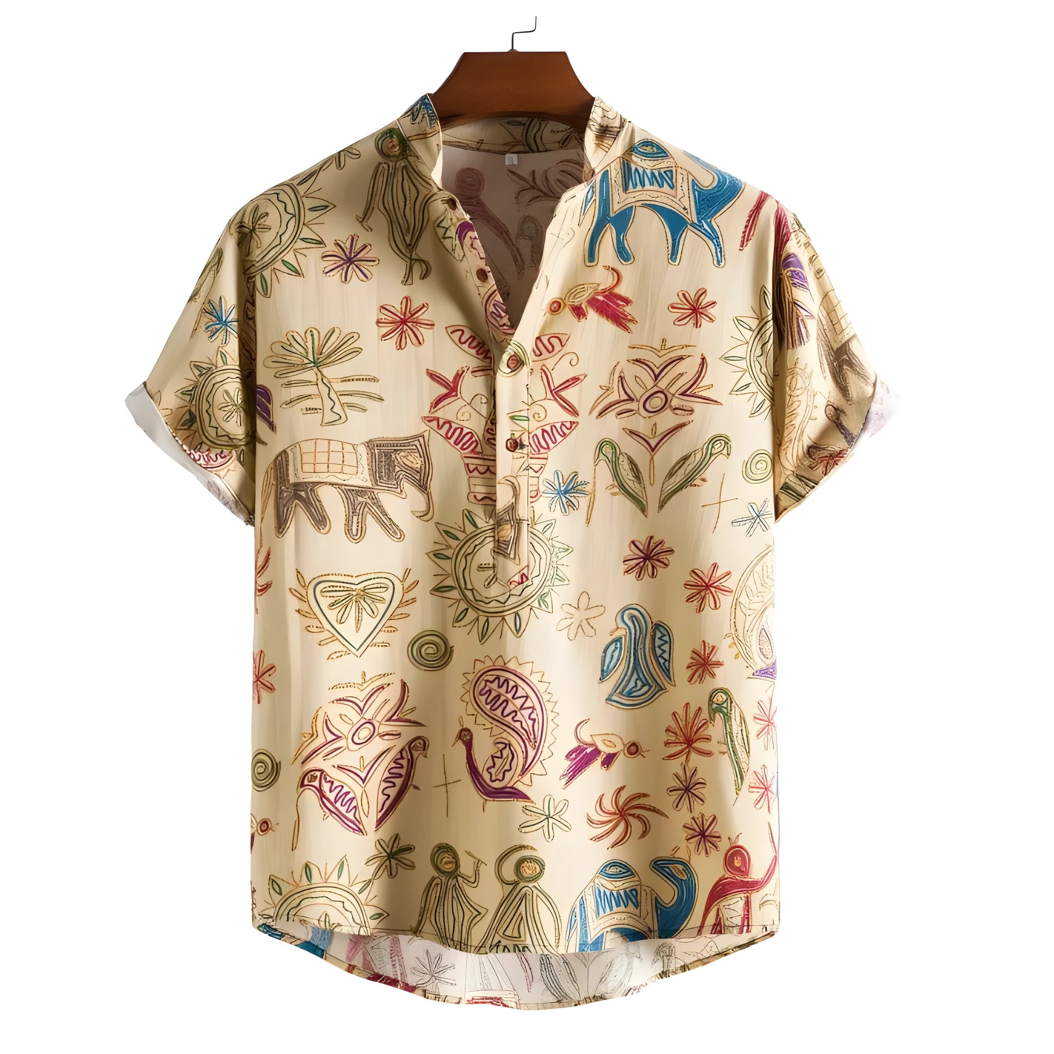 Man wearing a plus size loose fit cardigan shirt with a colourful 3D digital print pattern.