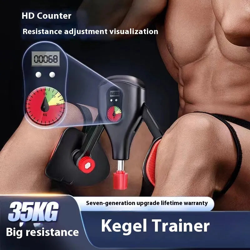 Men's black Kegel trainer for PC muscle exercise, showing optional straps and handle attachment.