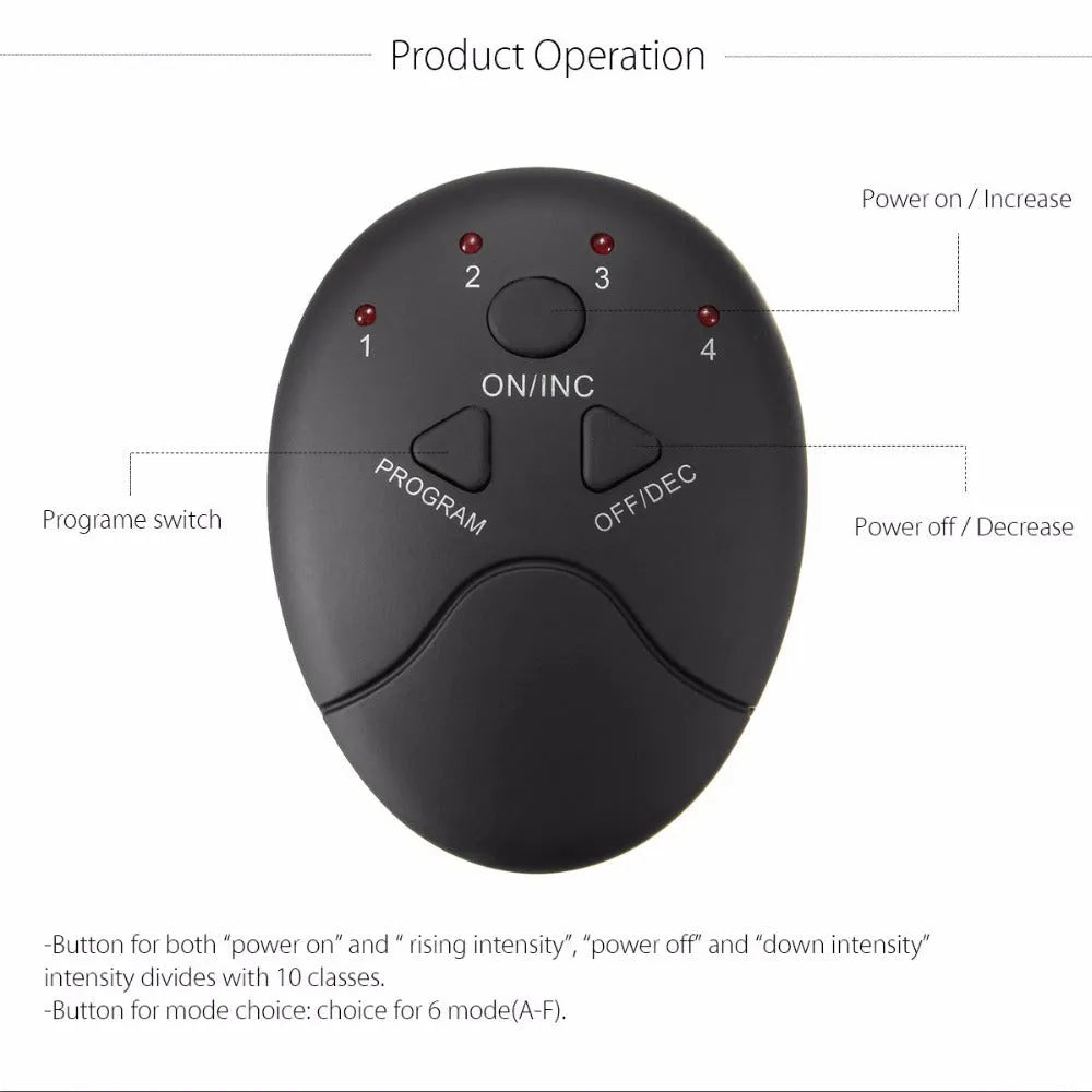 Black smart EMS abdominal muscle toning patch with push-button control and six modes for core strengthening