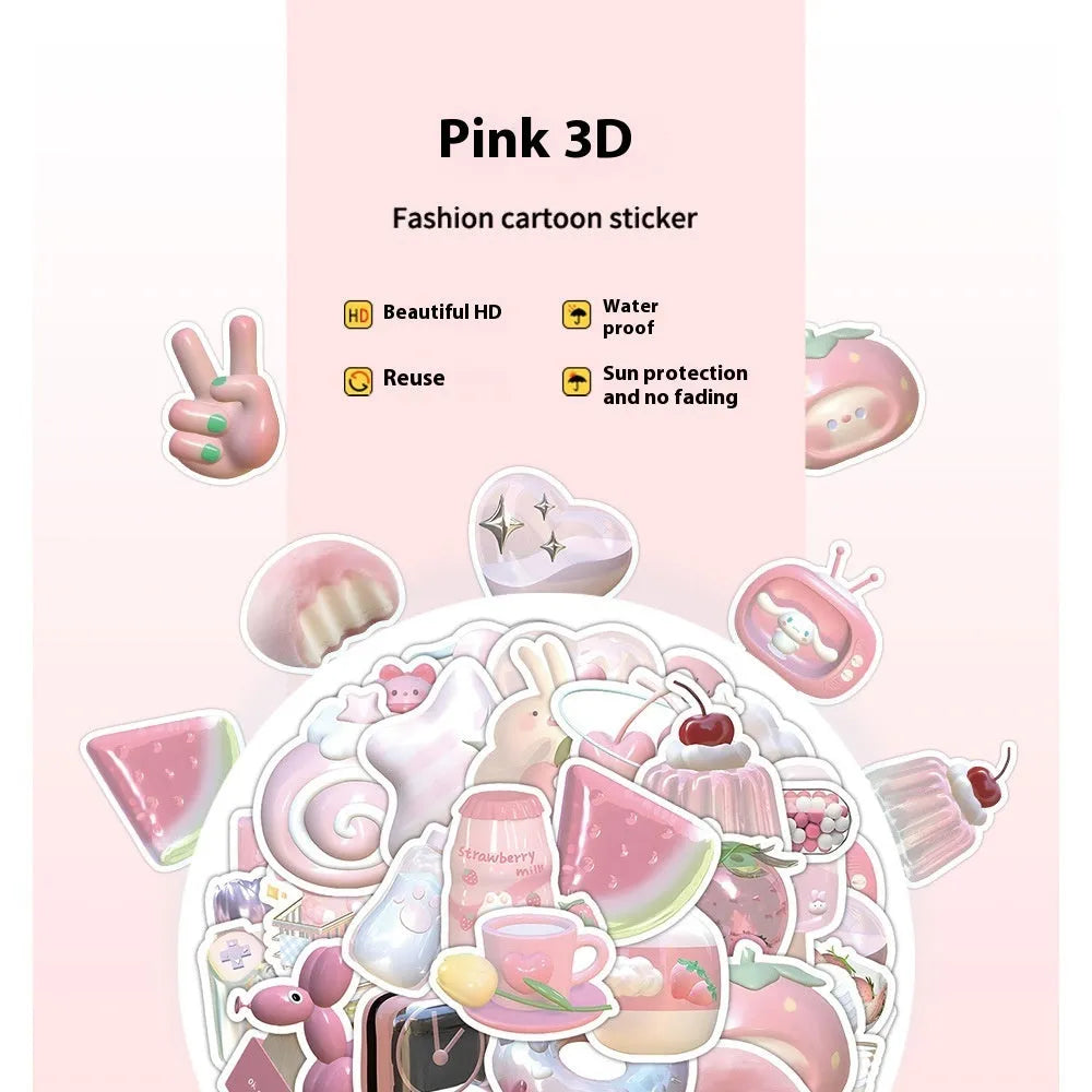 63-piece pack of 3D decorative stickers with pink girl heart patterns in cute style