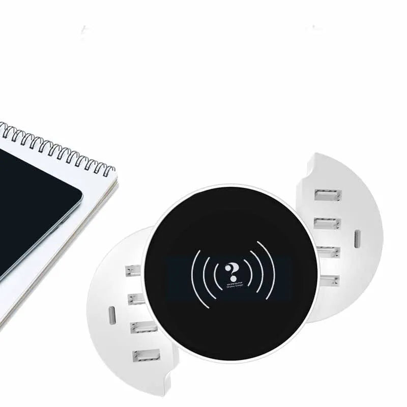 Smart phone multi-port wireless circular charger in ceramic white with LED indicator and USB interface