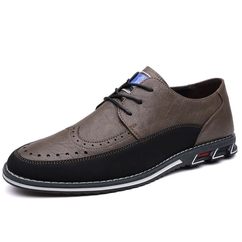 Men's low-top leather casual shoes in various colours with rubber sole and leather toe cap detail.