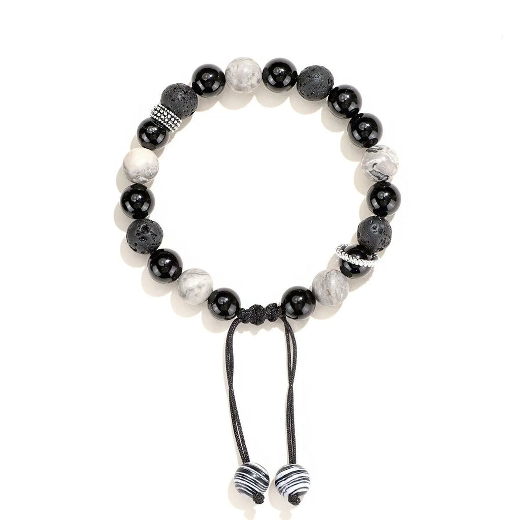 Black agate map stone and volcanic rock diamond-shaped beads on elastic cord bracelet, electroplated finish, 8mm size