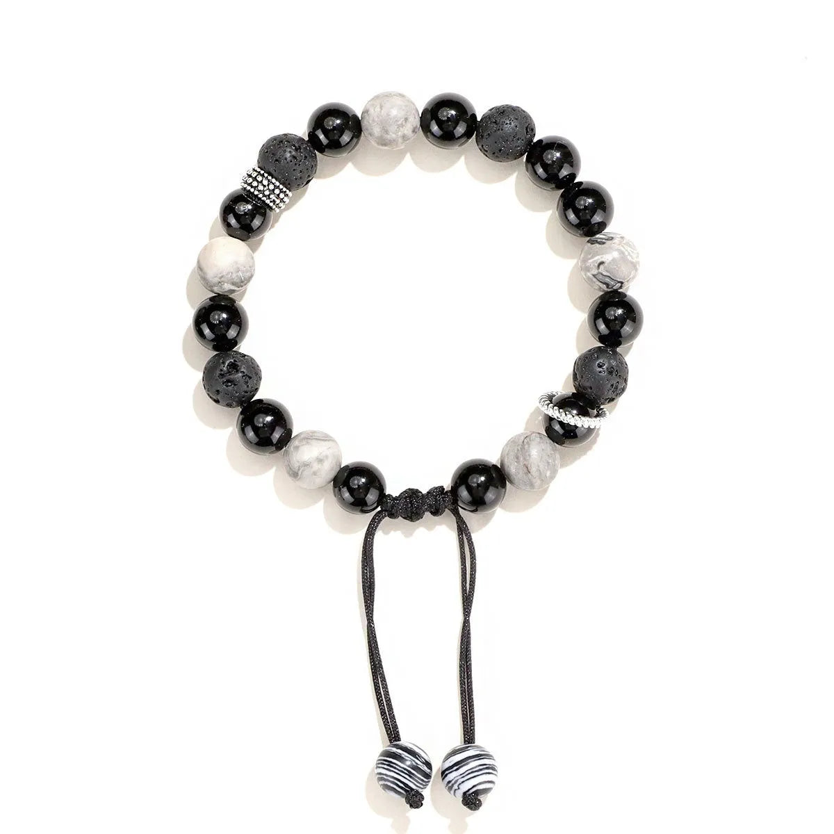 Black agate map stone and volcanic rock diamond-shaped beads on elastic cord bracelet, electroplated finish, 8mm size