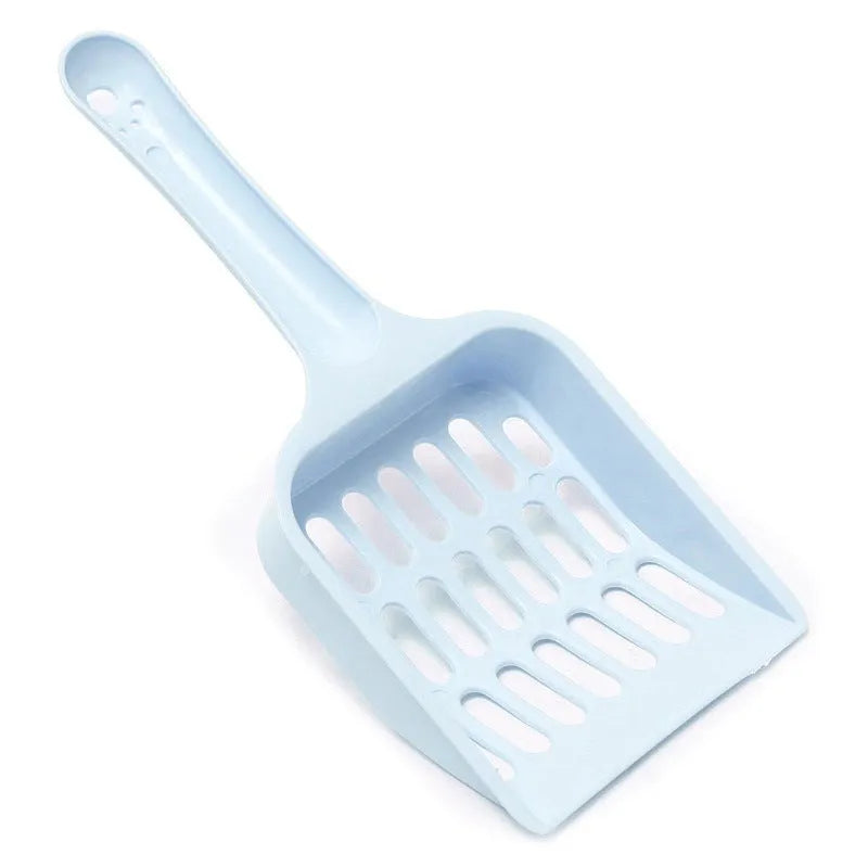 Blue plastic cat litter scoop showing 20cm length and 9cm wide head for cleaning pet toilet trays.
