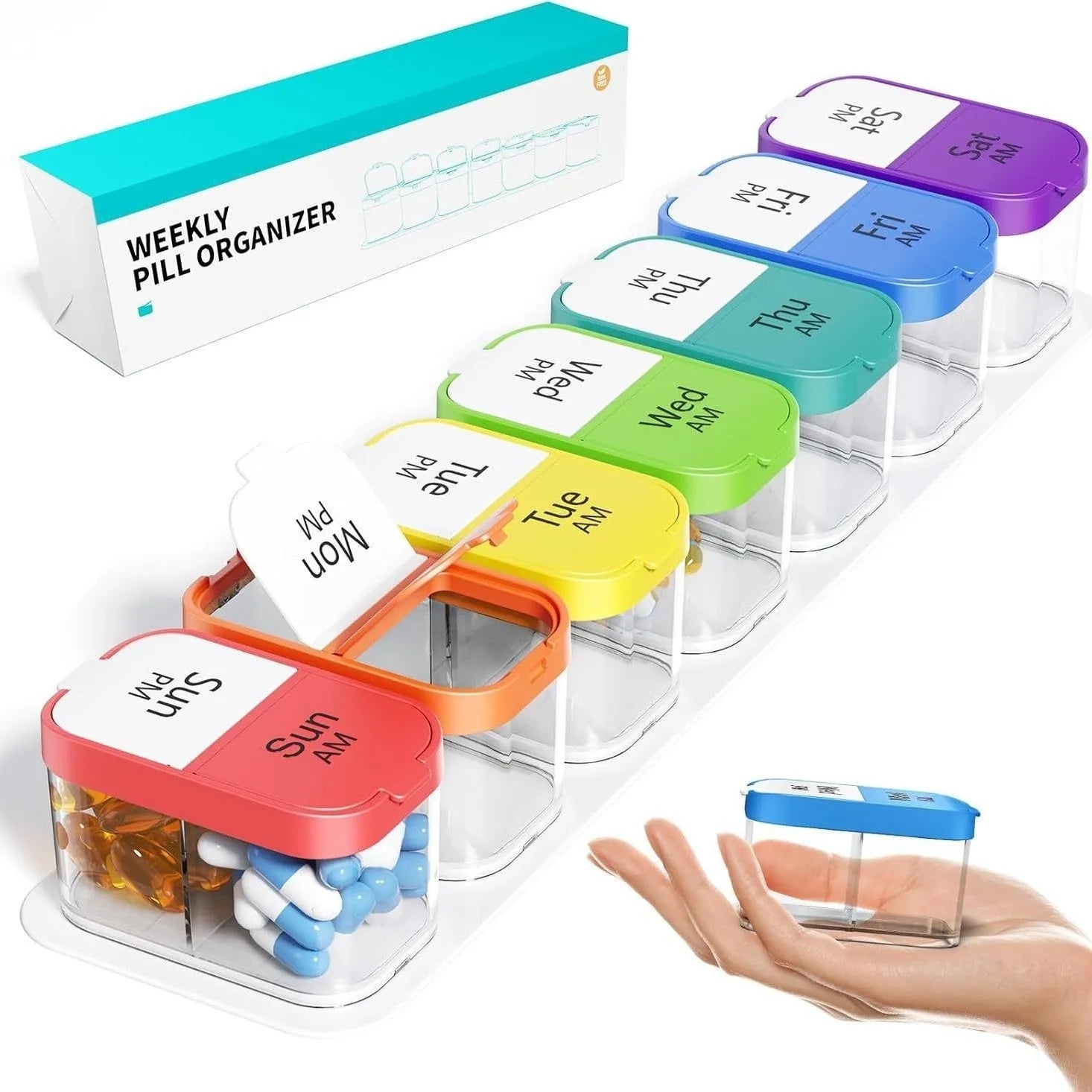 White and rainbow coloured Amazon extra large pill organiser with 14 removable compartments shown open.