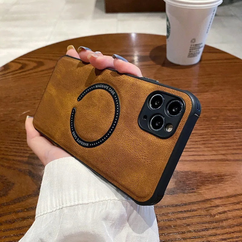 Black imitation leather magnetic charging phone case for iPhone showing back cover with magnetic ring