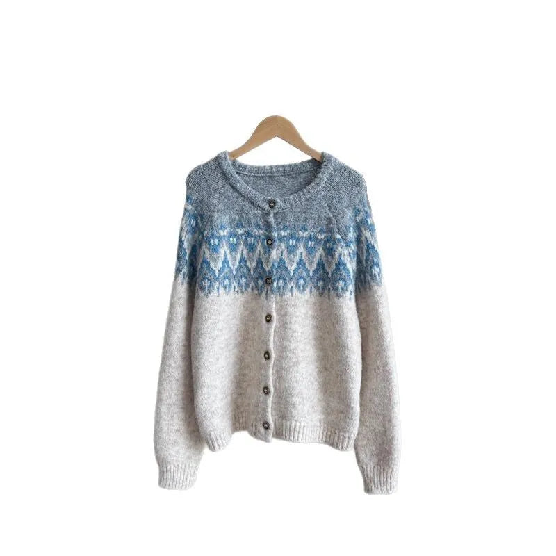 Women's loose fit jacquard knit sweater coat in milky white, shown front view.